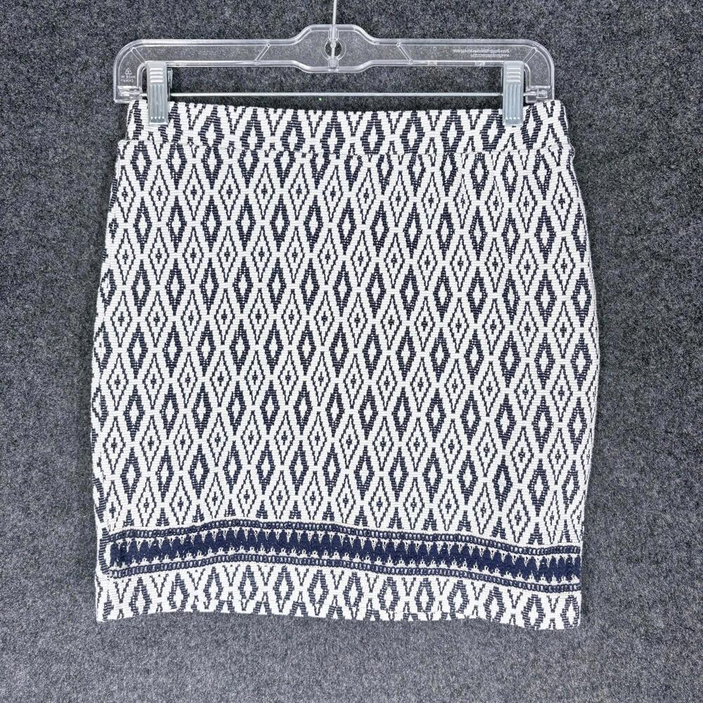 H&M Skirt Women S Small White Geometric A-Line Midi Mid Rise Cotton Pull On